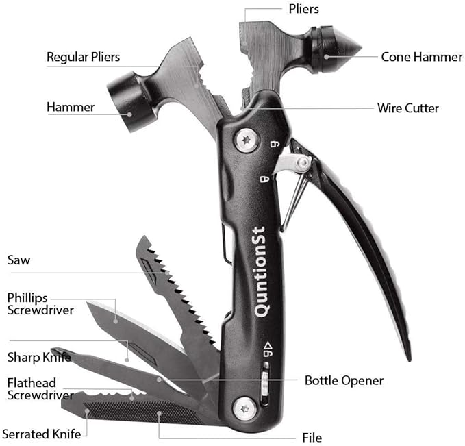 Mens Stocking Stuffers, Gifts for Men, Survival Hammer Multitool,Christmas Gifts for Dad, Emergency Escape Car Safety Hammer Multi-Tool 12 in 1,Cool Gadgets forCamping Hiking Household,Mini Multi tool