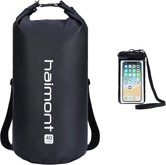Haimont Waterproof Dry Bag Floating Dry Sack Roll Top Drybag Backpack for Kayaking, Rafting, Boating, Fishing with IPX8 Waterproof Phone Case, Black, 40L