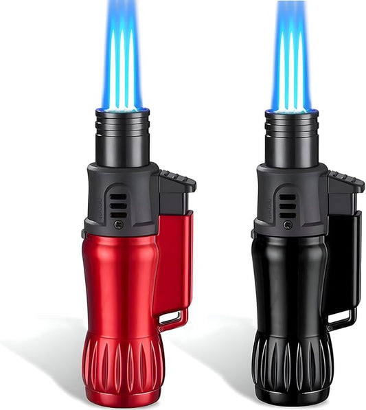 Torch Lighter, 2 Pack of Jet Flame Butane Lighter Refillable Gas Lighter Windproof Lighters Jet Torch Lighter for Candle, Campfire, Kitchen,Grill, Camping(without Butane)-Black+Red