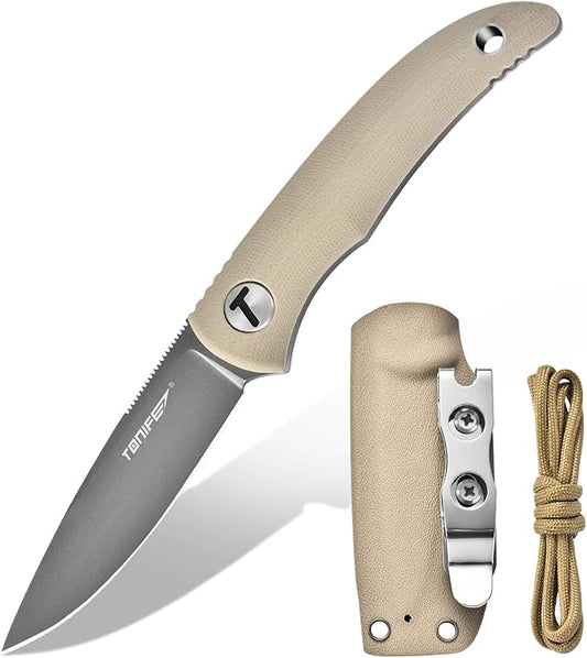 TONIFE Nova 2.68'' Blade Mini Neck Knife Knife Full Tang Fixed Blade Knife with Kydex Sheath and Adjustable Paracord Lanyard for Camping Outdoor Survival Tool (Warm Sand+Gray Titanium)