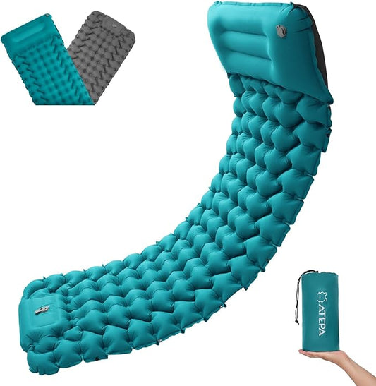 ATEPA Sleeping Pad, Ultralight Camping Backpacking, Inflatable Camping Mattress Built-in Foot Pump Pillow, 77"X27" Outdoor Hiking Trekking Camping Inflatable & Compact Pad Peacock Blue