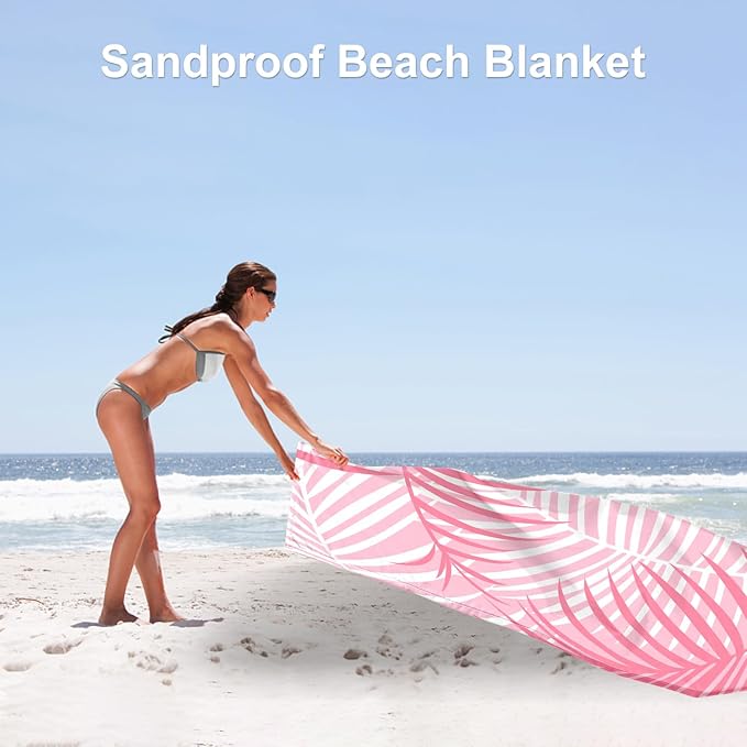 78''×86'' Pink Beach Blanket 1-4 Adults, Polyester Waterproof Sandproof Beach Mat with 4 Stakes & Pockets, Large Compact Foldable Outdoor Blanket for Picnic, Travel, Camping - Tropical Palm Leaves