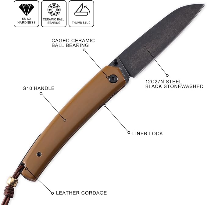 Petrified fish PF719 Folding Knife,3.34" 12C27N Steel Blade, G10 Handle Thumb Stud Liner lock Pocket knife (Black Stonewashed)