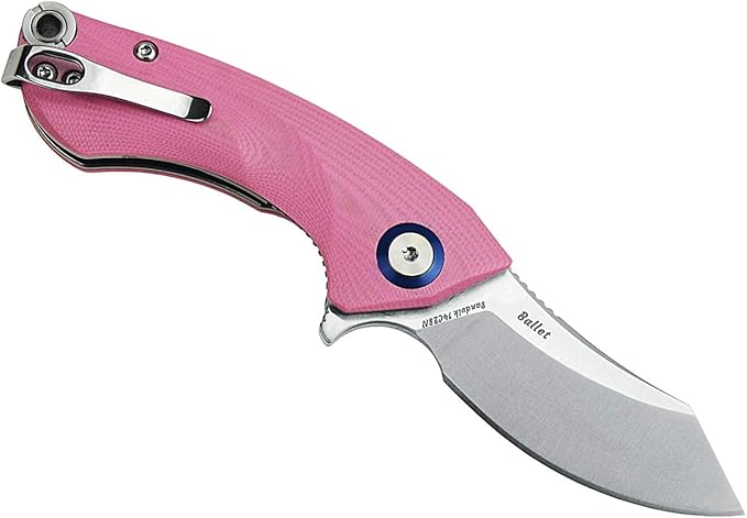 Harnds Ballet Folding Knife with Sandvik 14C28N Blade Camping Pocket Knife with Deep Carry Pocket Clip G10 Handle Flipper Open Liner Lock EDC (pink)