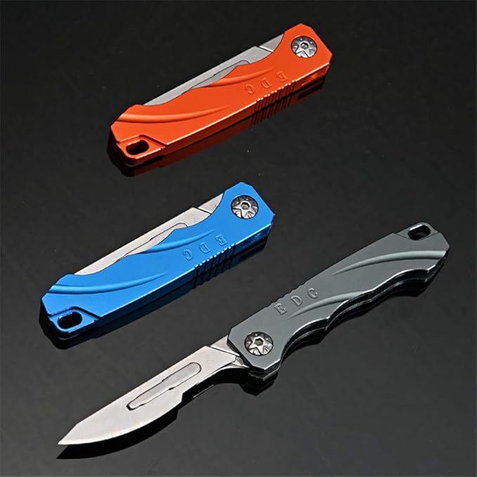 Mini EDC Pocket Knife,Aluminium Alloy Handle Carbon Steel Blade Folding Knife with 10 Extra Replaceable Blades,Portable Lightweight and Compact (Grey)