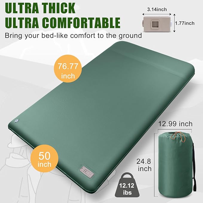 Double Self Inflating Sleeping Pad with Electric Pump, 3.14" Thick Memory Foam Camping Mattress 2 Person w/Pillow, Easy Inflate&Deflate, Outdoor Camping Mat for Rooftop Tent Car Truck Van