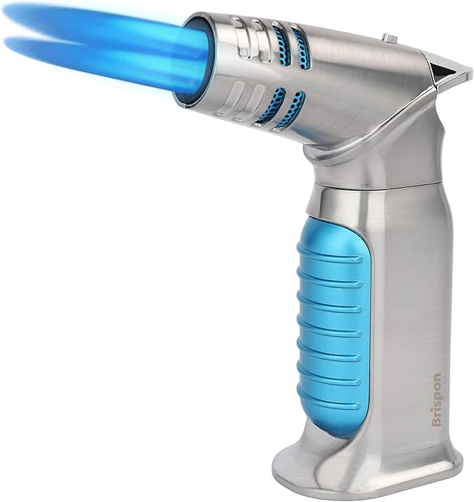 Torch Lighter, Quad 4 Jet Flame Windproof Butane Lighter with Safety Lock Adjustable Refillable Lighter for Kitchen Grill BBQ Candle Camping (Butane NOT Included) (Blue)