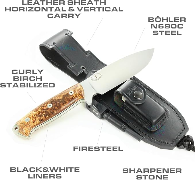 JEO-TEC Nº1 Bushcraft Survival Full Tang Fixed Blade Outdoor Camping Utility Hunting Knife In Leather Sheath Horizontal Vertical Carry Sheath | BÖHLER N690C Steel Fire Starter Scraper