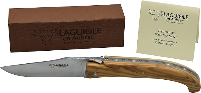 Laguiole en Aubrac ‘The Trapper’ Handmade Luxury Folding Pocket Knife, 5.5-in / 14cm, Olive Wood Handle
