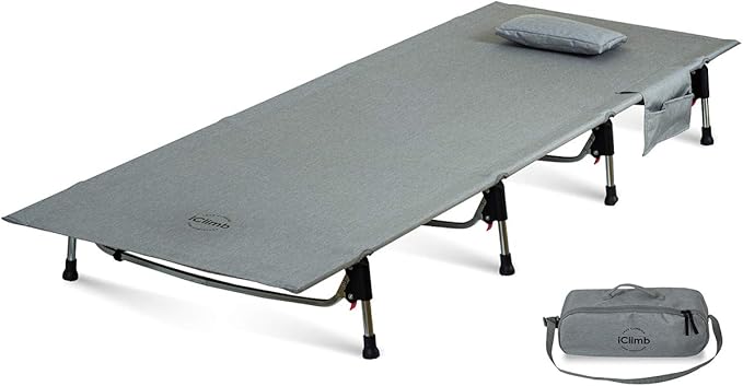 iClimb Super Easy Assemble Folding Cot Ultralight Compact Heavy Duty with Carry Bag for Adults Camping Backpacking (Grey)