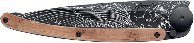 deejo Ultra Lightweight Folding Pocket Knife with Belt Clip - Juniper Wood Version 1.3 oz - Fine, Sharp Blade - Eagle Pattern - Black Titanium Coating Stainless Steel - Elegant and Modern Design