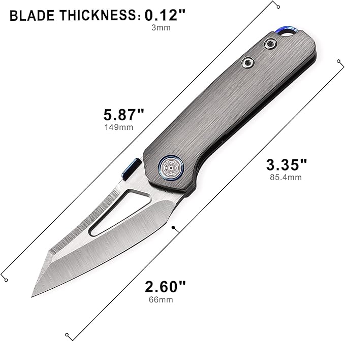 Knife Denka C02 Thumb Stud Knife,2.6" M390 Steel Satin Pocket Knife,3.35" Titanium Handle Folding Knife with Leather Sheath(grey & Leather Sheath)