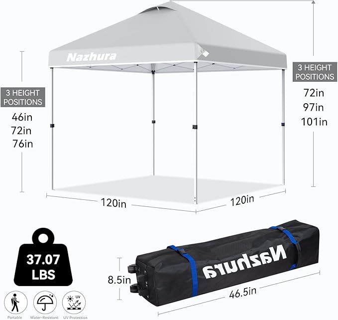 Nazhura 10' x 10' Pop Up Canopy Tent with Sand Weight Bag, Freestanding Sun Shelter for Picnic and Camping, One Person Setup and Height Adjustable (White)