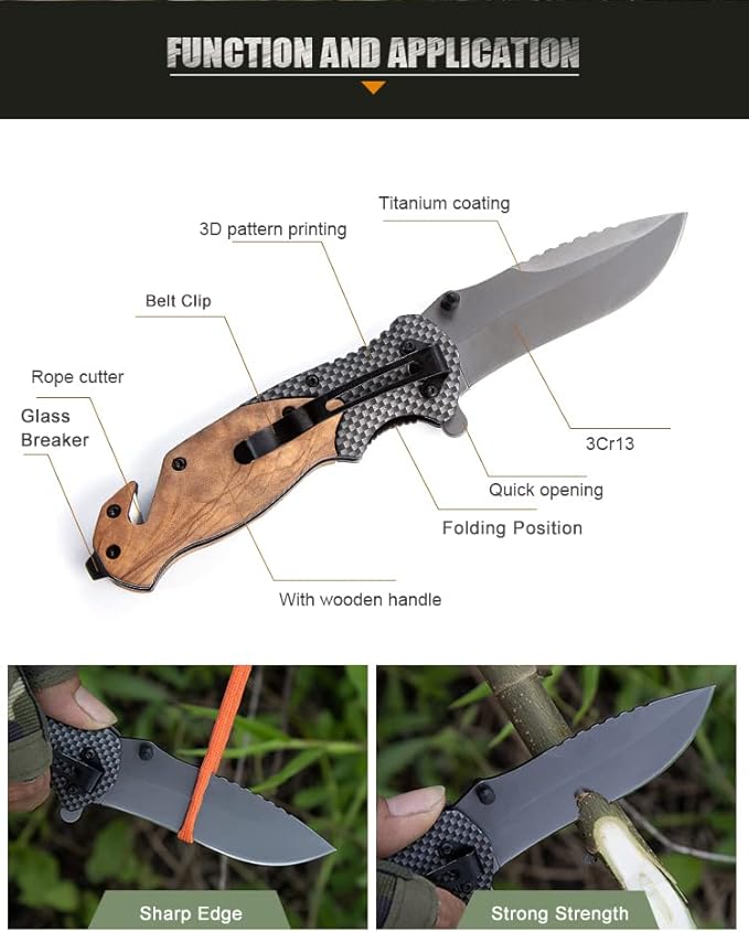 BST – Pack of 1 Small EDC Pocket Folding Knife - Titanium Coating Knife Blade, 440C Stainless Steel Knife with Plain Wood Handle