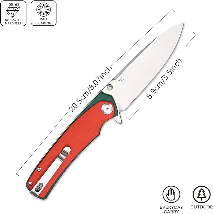 Sitivien ST127 Folding Knife,D2 blade, G10 Handle,Ball Bearings Pivot, Flipper Opening Knife with Reversible Deep Carry Clip for Outdoor EDC Tool Knife(Red)