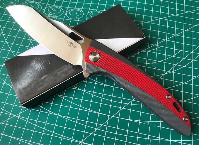 Twosun Folding Knife With K110 Blade Red G10 and Tc4 Titanium Handle Plain Edge EDC Camping Knife TS432-K110-Satin