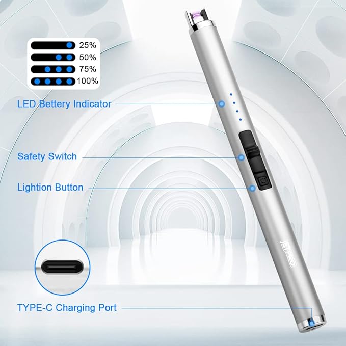 USB Rechargeable Candle Lighter Electronic Arc Lighter Windproof Flameless with Safety Button for Camping Cooking BBQ (Silver)