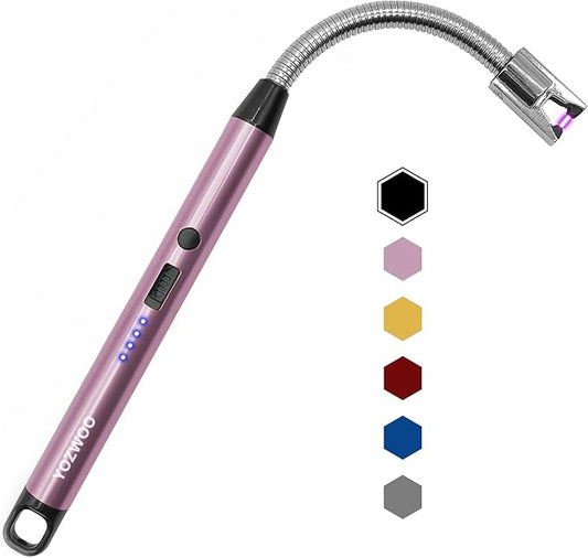 YOZWOO Candle Lighter USB Electric Lighter Rechargeable Arc Lighter with LED Display 360 ° Flexible Neck Flameless and Windproof Long Lighter for Outdoor Camping, Barbecue, Fireworks (Rose Gold)