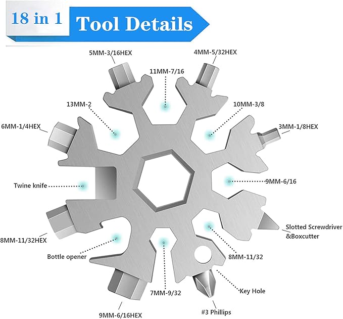 Snowflake Multitool,18-in-1 Stainless Steel Snowflake Tool, Snowflake Wrench Screwdriver with Key Ring,Carabiner Clip(Silver)