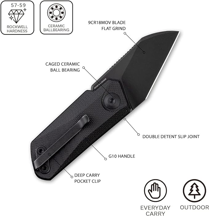 CIVIVI Ki-V Front Flipper Pocket Knife, Double Detent Slip Joint Small Folding Knife with Deep Carry Pocket Clip For Easy EDC C2108B (Black)