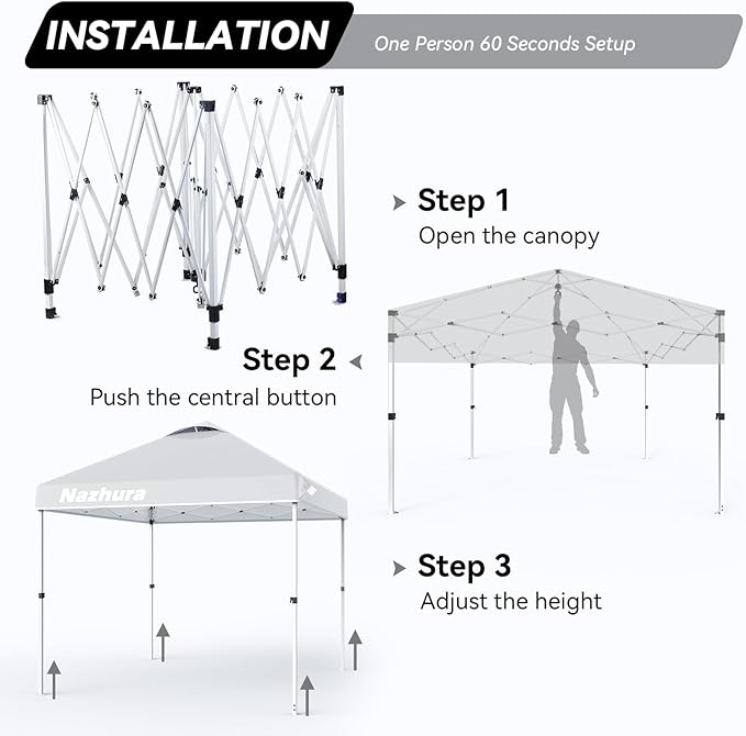 Nazhura 10' x 10' Pop Up Canopy Tent with Sand Weight Bag, Freestanding Sun Shelter for Picnic and Camping, One Person Setup and Height Adjustable (White)