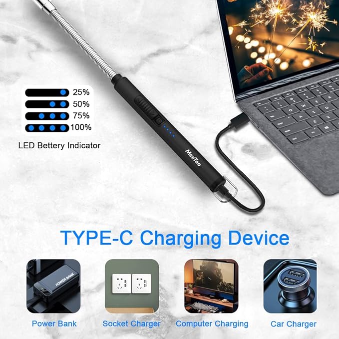 MeeToo Lighter, Electric Candle Lighter Rechargeable USB Lighter Plasma Arc Lighters for Candle Camping (Black)