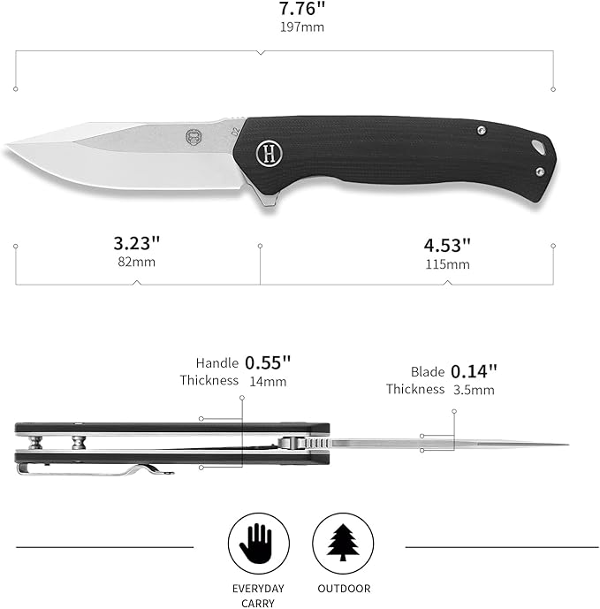Holtzman's Gorilla Survival Folding Knife D2 Steel Blade G10 Handle Pocket Knife EDC Giftset for Men and Women (half stonewashed half silver blade + black handle)