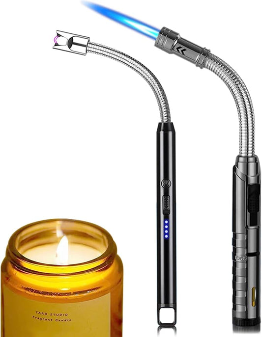 Candle Lighter, 2 Pack Set Flexible Neck Refillable Butane Torch Lighter and Electric Arc Lighter, USB Rechargeable with Battery Display, Jet Flame Windproof for BBQ, Camping, Safe & Versatile