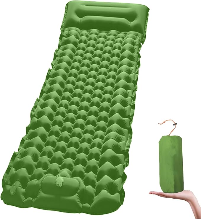 Sleeping Pad Ultralight Inflatable Camping Sleeping Pad with Pillow,Built-in Foot Pump,Lightweight Camping Mattress,Thick 4" Sleeping Mat for Camping Backpacking Hiking (Green, Single)