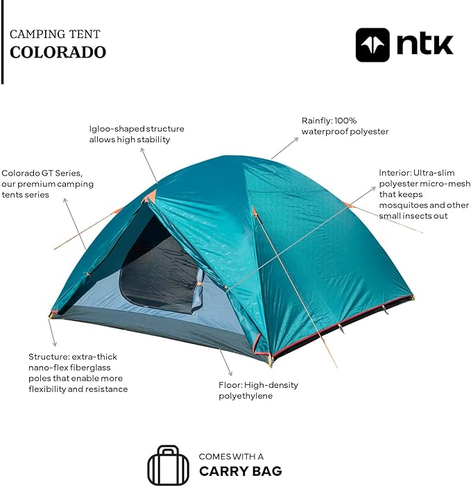 NTK Colorado GT 2/4/6/8 Person Outdoor Dome Family Camping Tent 100% Waterproof, Easy Assembly, Durable Fabric Full Coverage Rainfly - Micro Mosquito Mesh