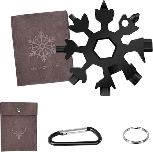 Snowflake Multitool,18-in-1 Stainless Steel Snowflake Tool, Snowflake Wrench Screwdriver with Key Ring,Carabiner Clip (Black)