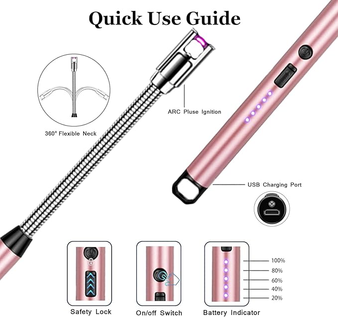 Candle Lighter Electric Lighter Rechargeable Arc Lighter with LED Battery Display360° Flexible Neck Flameless Grill Long Lighters for Light Candles Gas Stoves Camping Barbecue.(Rose Gold)