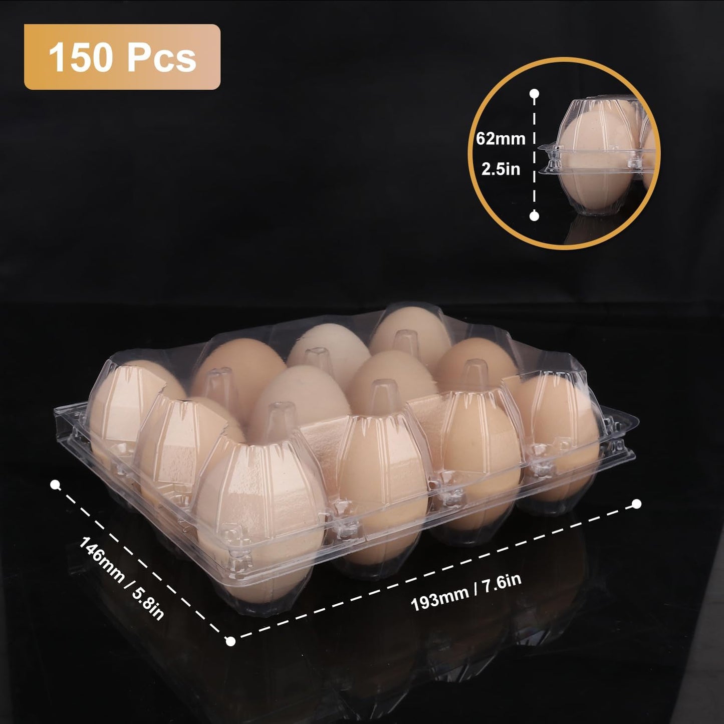 150 Pack Bulk Egg Cartons, Clear Plastic Chicken Egg Holders, Egg Tray Carton Holder for Home & Kitchen, Farm & Market Use, An Eco-Friendly Egg Storage Solution, 12 Grids