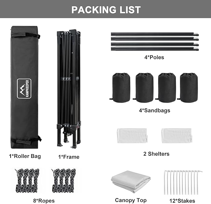 KAMPKEEPER 10x10 pop up Canopy Tent with 2 sidewalls Silver-Coated,Outdoor Canopy Tent for Parties with 2 Shelters,with 4 Poles, 4 Sandbags, 8 Ropes,12 Stakes,and 1 Roller Bags