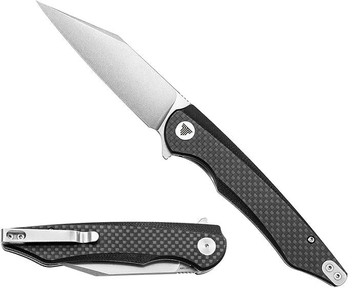 Carbon Fiber Pocket Knife 3.66 inches Stonewashed 14C28N Blade Liner Lock Handle Folding Camping Knives with Deep Carry Reversible Clip for Men Outdoor Hunting，Lynx-05CG