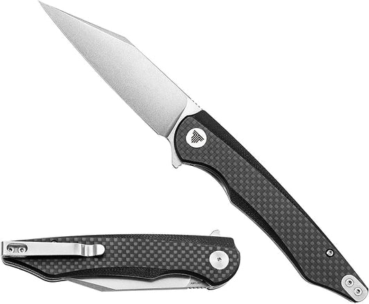 Carbon Fiber Pocket Knife 3.66 inches Stonewashed 14C28N Blade Liner Lock Handle Folding Camping Knives with Deep Carry Reversible Clip for Men Outdoor Hunting，Lynx-05CG