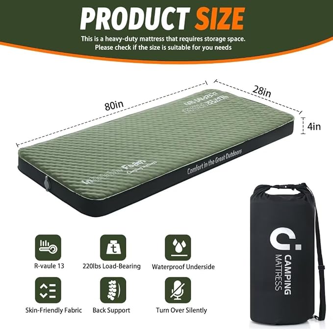 CYMULA Camping Mattress 4 Ultra-Thick Self Inflating Sleeping Pad with Pump Sack with Memory Foam Sleeping Mat for Camping 4-Season,Travel,Car,Tent,Home (79"x28"x4" Single)