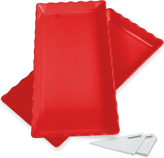 KAQAHIDO 17" x 8" x 1.5" Red Serving Tray Set, Wave Edge Melamine Platters for Cookie, Appetizer, Charcuterie, Snack, Dessert, Party Food Display, Stackable, Set of 2