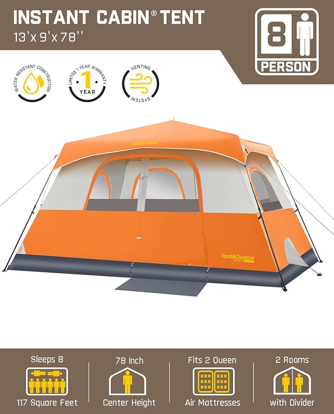 FanttikOutdoor Camping Tent 4/6/8/10 Person Instant Cabin Tent Setup in 60 Seconds with Rainfly & Windproof Portable with Carry Bag for Family Camping & Hiking