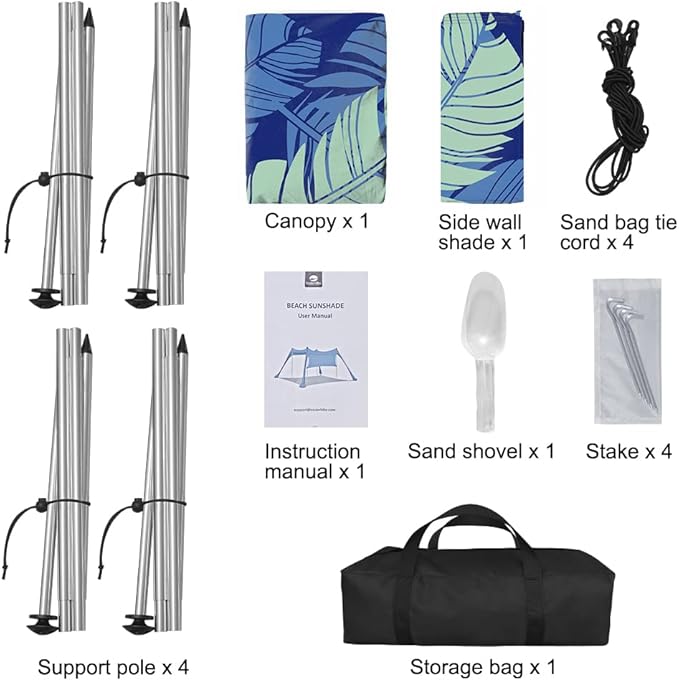 Beach Canopy Tent Shade with Sidewalls 10x10FT, 6.6FT Tall, UPF50+ Sun Shelter, Windproof & Water Resistant, Includes Guylines Sand Shovel Stability Poles, Easy Up for Beach Outdoor Camping Backyard