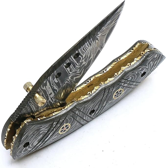 PAL 2000 KNIVES FOL-9032 Custom Handmade Damascus Steel Folding Pocket Knife Damascus Handle with Sheath