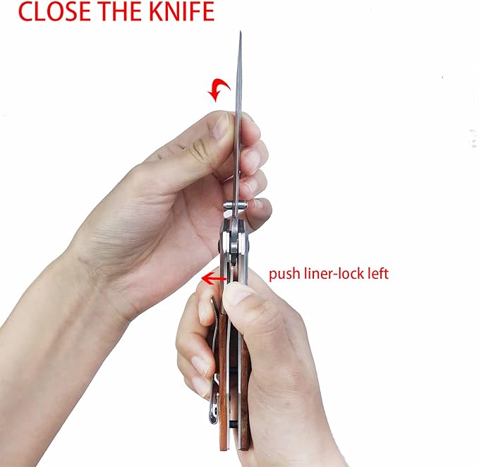 Pocket Folding Knife with 3.5”Stainless Steel blade and wood handle -Folding hunting camping Knife with liner-lock and pocket clip