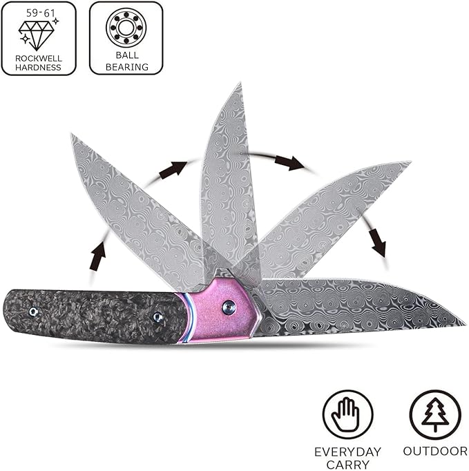 Sitivien ST252 Damascus Steel Folding Knife,Damascus Blade,Titanium Carbon Fiber Handle EDC Knife for Outdoor Camping Hiking(Pink) …