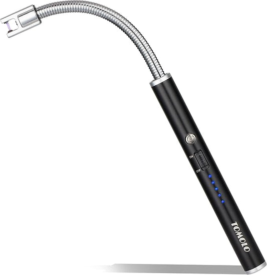 Lighter, Rechargeable Candle Lighter Grill Lighter Electric Arc Lighter with Flexible Neck, LED Battery Display Safety Switch for Candle Camping Cooking BBQs Fireworks (Black)