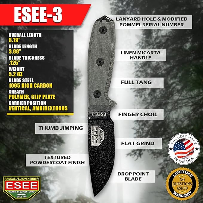 ESEE Knives 3P-MB Fixed Blade Knife w/Molded Polymer Sheath & MOLLE Back (Black Blade/Coyote Brown Sheath/MOLLE Back)