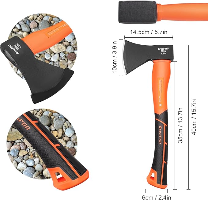 Hatchet Axe with Sheath, 15" Camping Hatchet for Wood Splitting and Kindling, Forged Carbon Steel Heat Treated Chopping Axe Handle with Anti-Slip Grip Orange