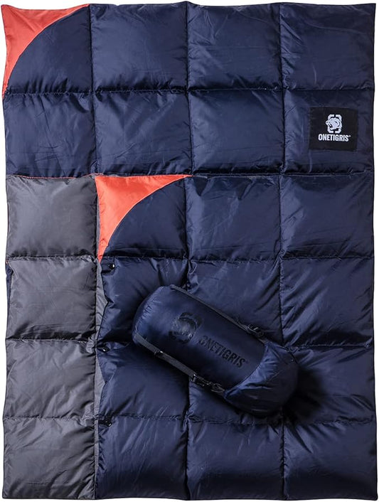 OneTigris Down Camping Blanket for Cold Weather Packable Puffy Backpacking Lightweight Quilt Hiking Gardening Travel Beach Picnic (Blue)