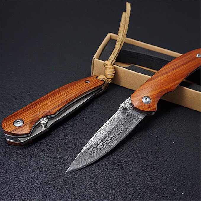 Folding Pocket Knife 2.6” Damascus Steel Blade and Natural Classic Red Sandalwood Handle Design, Outdoor EDC Portable Carry Keychain Knife