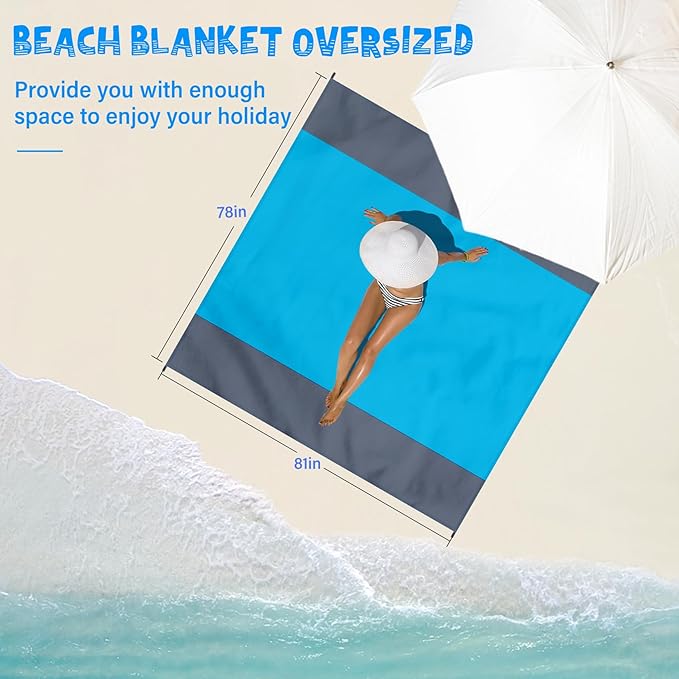 Beach Blanket Waterproof Sandproof 1-7 Adult Oversized 78 '' × 81 '' Lightweight Durable Compact Sand Free Beach Mat for Travel Camping Hiking Picnic Blanket