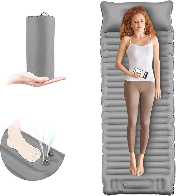 ONTYZZ Inflatable Sleeping Pad Ultralight Inflatable Sleeping Pad Camping Sleeping Pads with Pillow and Built-in Foot Pump for Hiking Traveling Camping, Grey